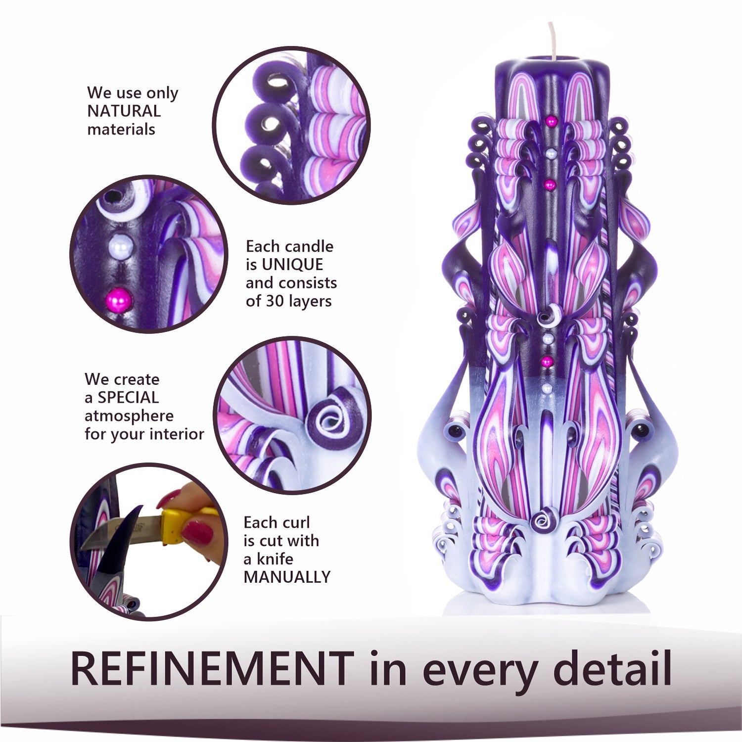 Juego de velas talladas "Atardecer lila"
